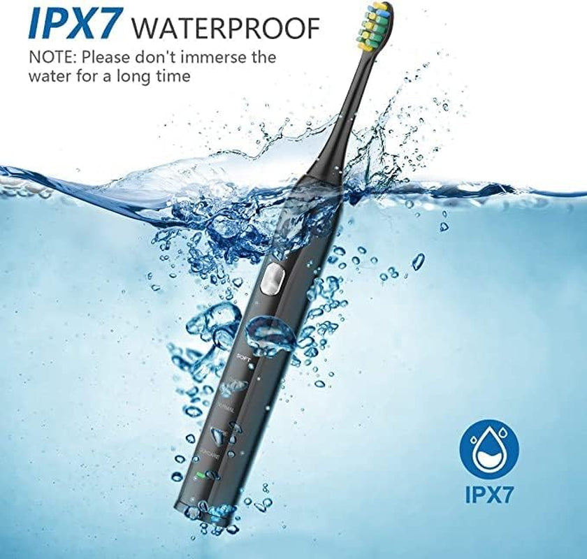 Electric Toothbrush for Adults, 10 Replacement Heads, 1 Travel Case, Sonic, Soft, IP7 Waterproof, Smart Timer, Battery Powered