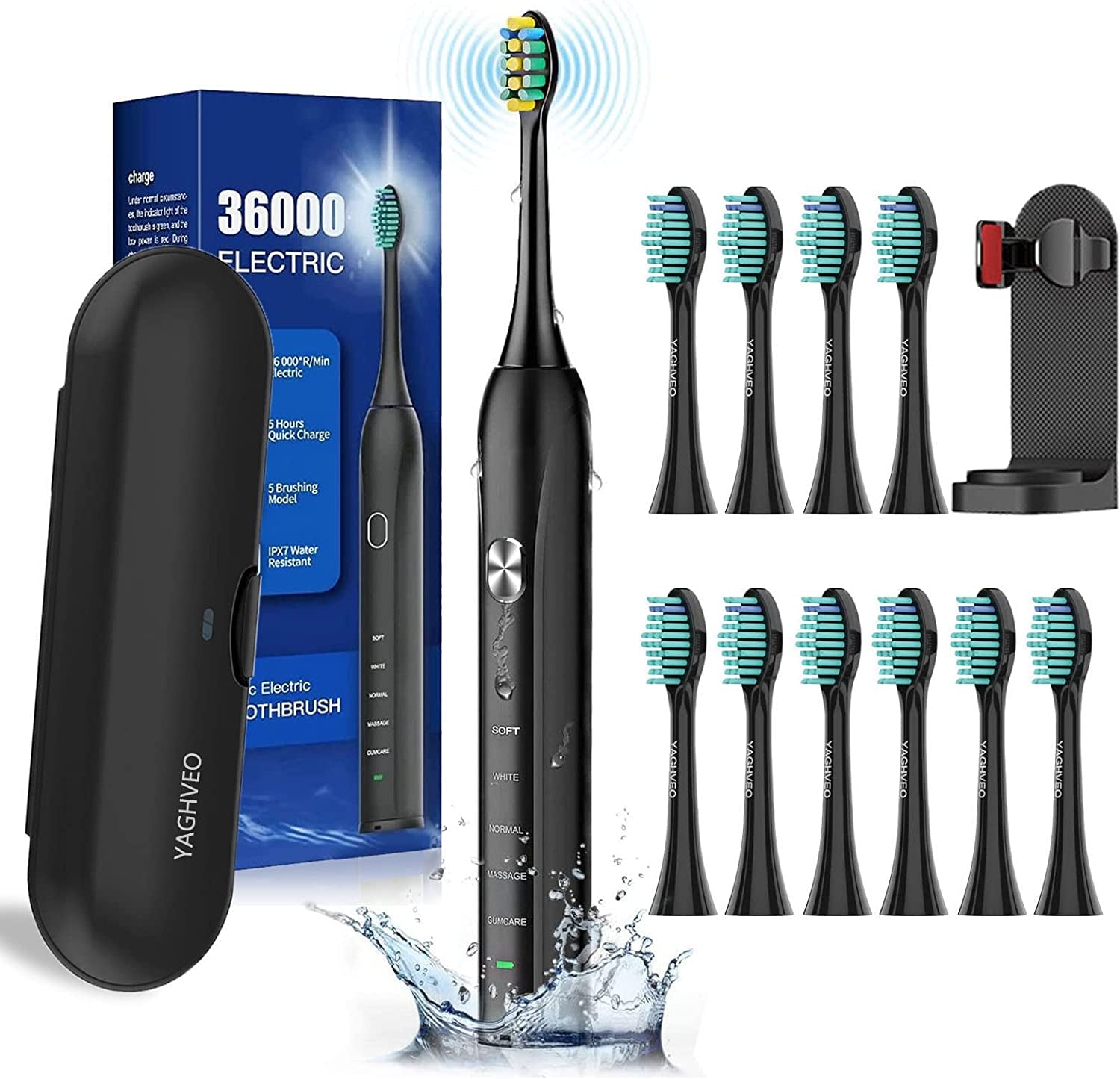 Electric Toothbrush for Adults, 10 Replacement Heads, 1 Travel Case, Sonic, Soft, IP7 Waterproof, Smart Timer, Battery Powered