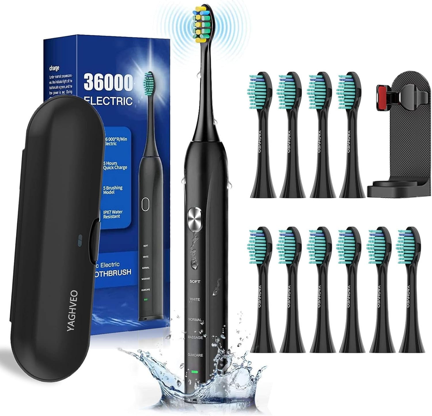 Electric Toothbrush for Adults, 10 Replacement Heads, 1 Travel Case, Sonic, Soft, IP7 Waterproof, Smart Timer, Battery Powered