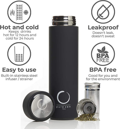 Thermos with Infuser for Hot and Cold Infusions, Coffee and Fruit-Infused Water - Stainless Steel - Tea Infuser Bottle - Leakproof Travel Mug with Filter - 15Oz - Black